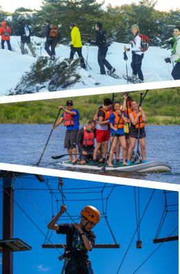 Multiaventura con parque de cuerdas y tirolinas, paddle surf y raquetas de nieve